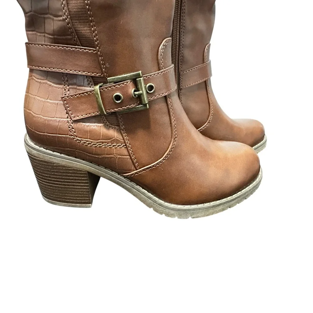 Brown Faux Leather Knee High‎ Boots Women's Buckle Detail Crocodile Embossed